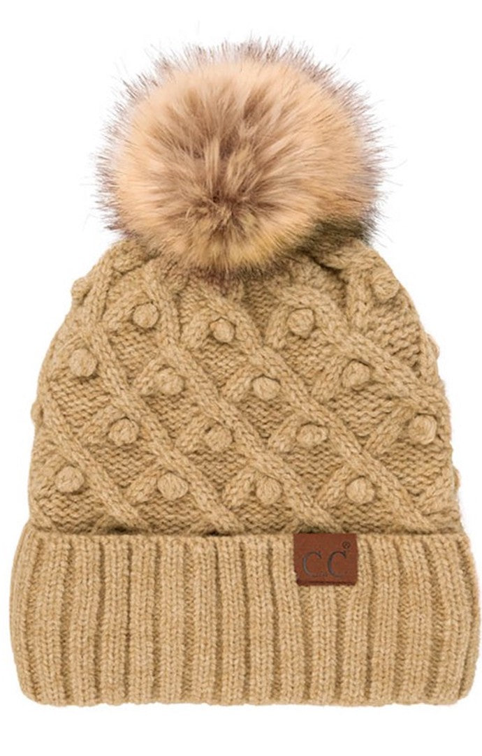 Ava Taupe Textured Knit Pom Pom Beanie