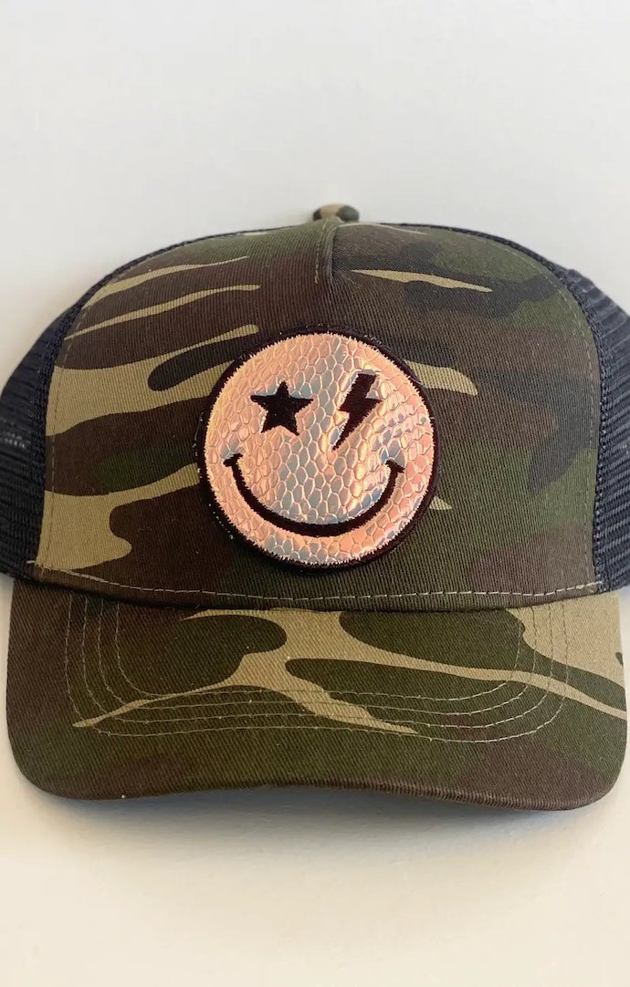  Happy Trucker Camo Iridescent Smiley Face Trucker Hat