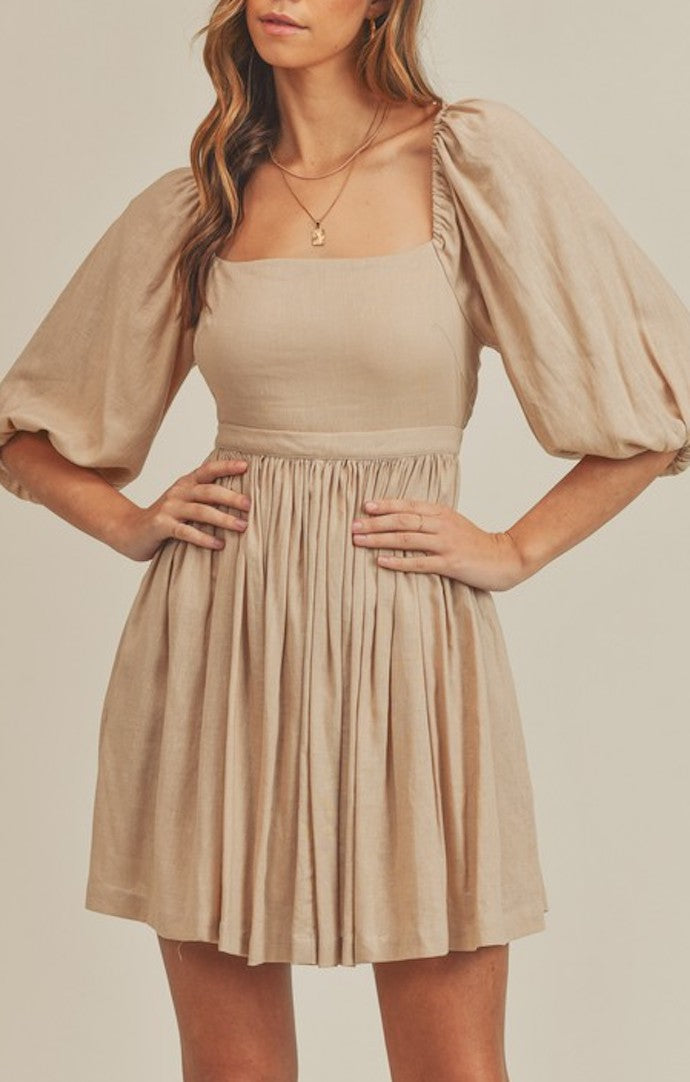 Mable Taupe Linen Flare Mini Dress