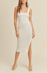 Miou Muse Cream Square Neck Slit Dress
