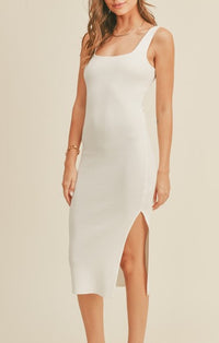 Miou Muse Cream Square Neck Slit Dress