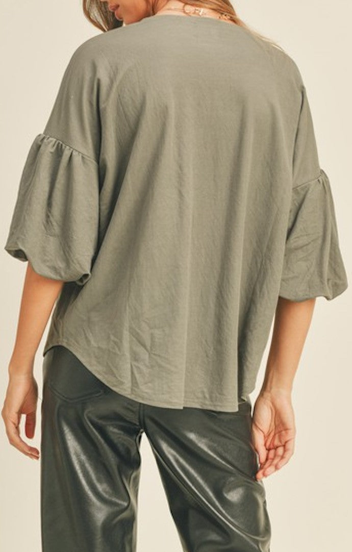 Miou Muse Olive Bubble Sleeve Top