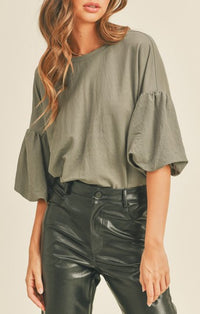 Miou Muse Olive Bubble Sleeve Top