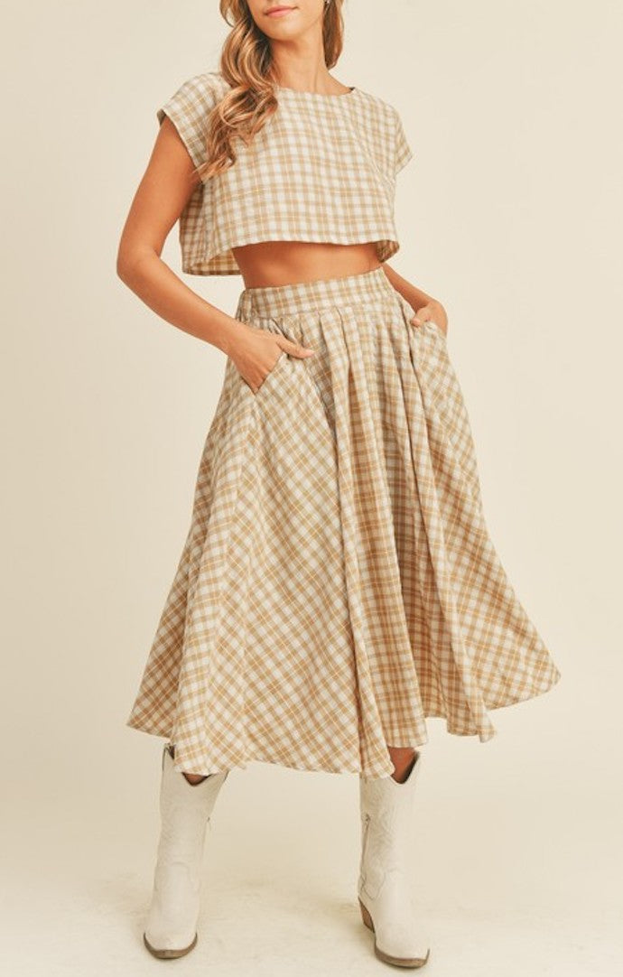 Sabina Taupe Plaid Crop Top And Midi Skirt