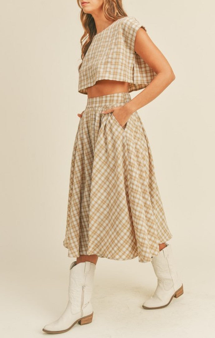 Sabina Taupe Plaid Crop Top And Midi Skirt