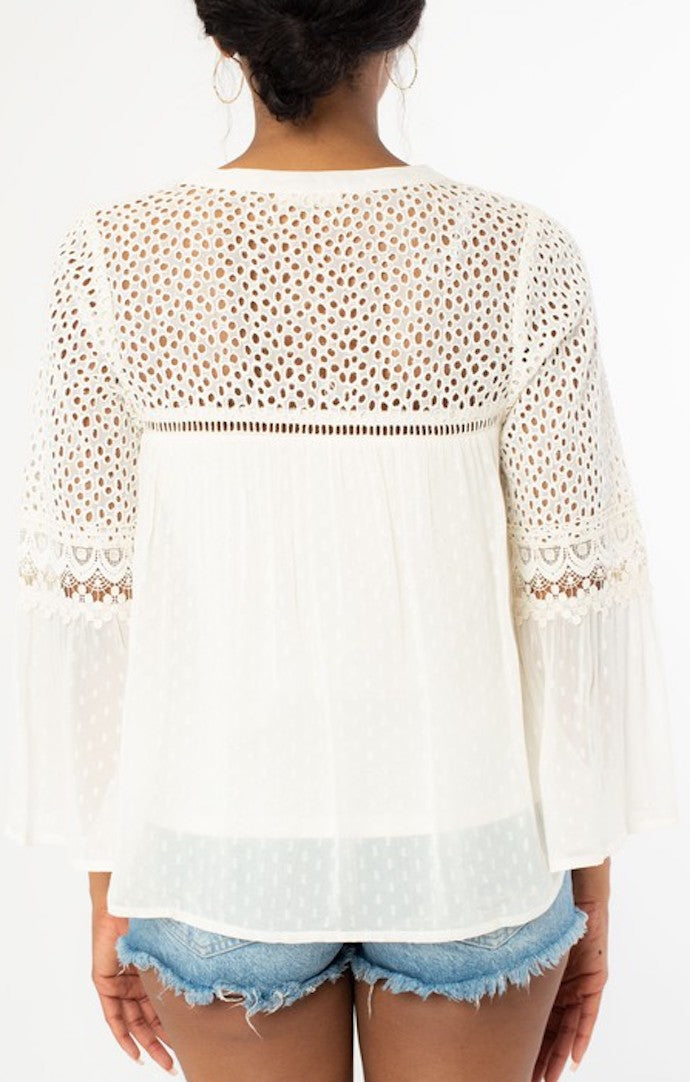 Lovestitch Off White Mesh Bell Sleeve Top